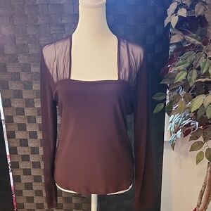 Suzie In The City Elegant Brown Blouse with Sheer Accents